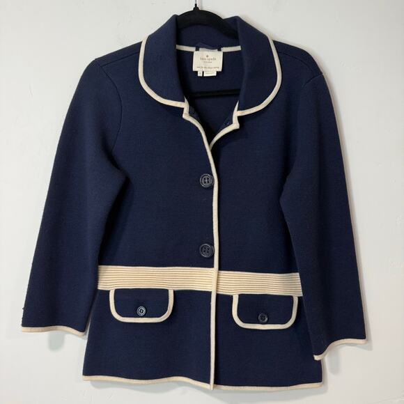 Kate Spade Women's Mayson Sweater Jacket Blazer Cardigan Navy Cream Wool 8 - Picture 1 of 8